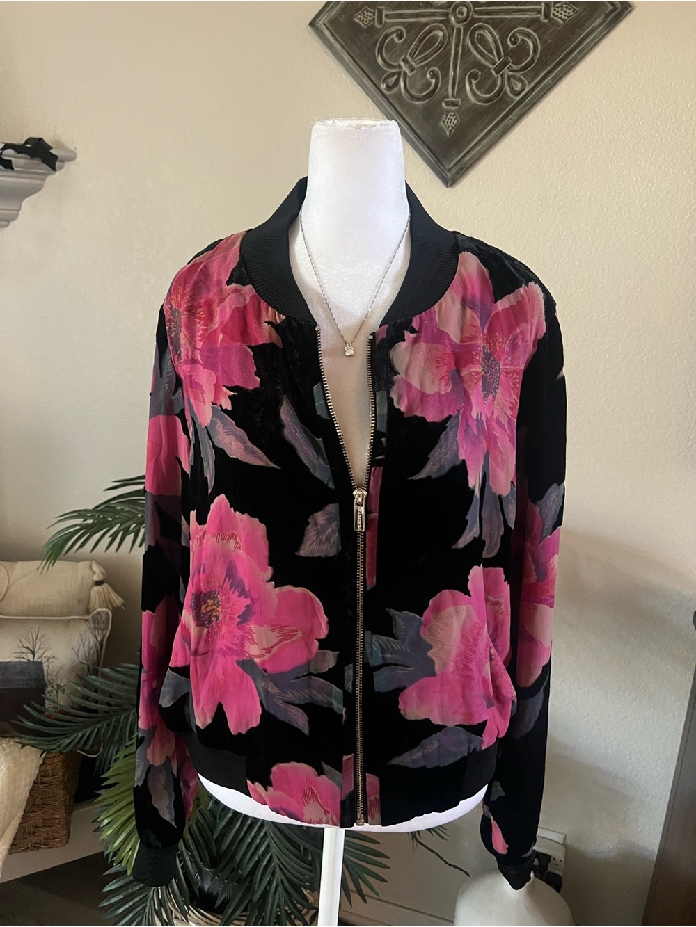 Marciano Black Bomber Jacket with Pink Floral Velvet Print